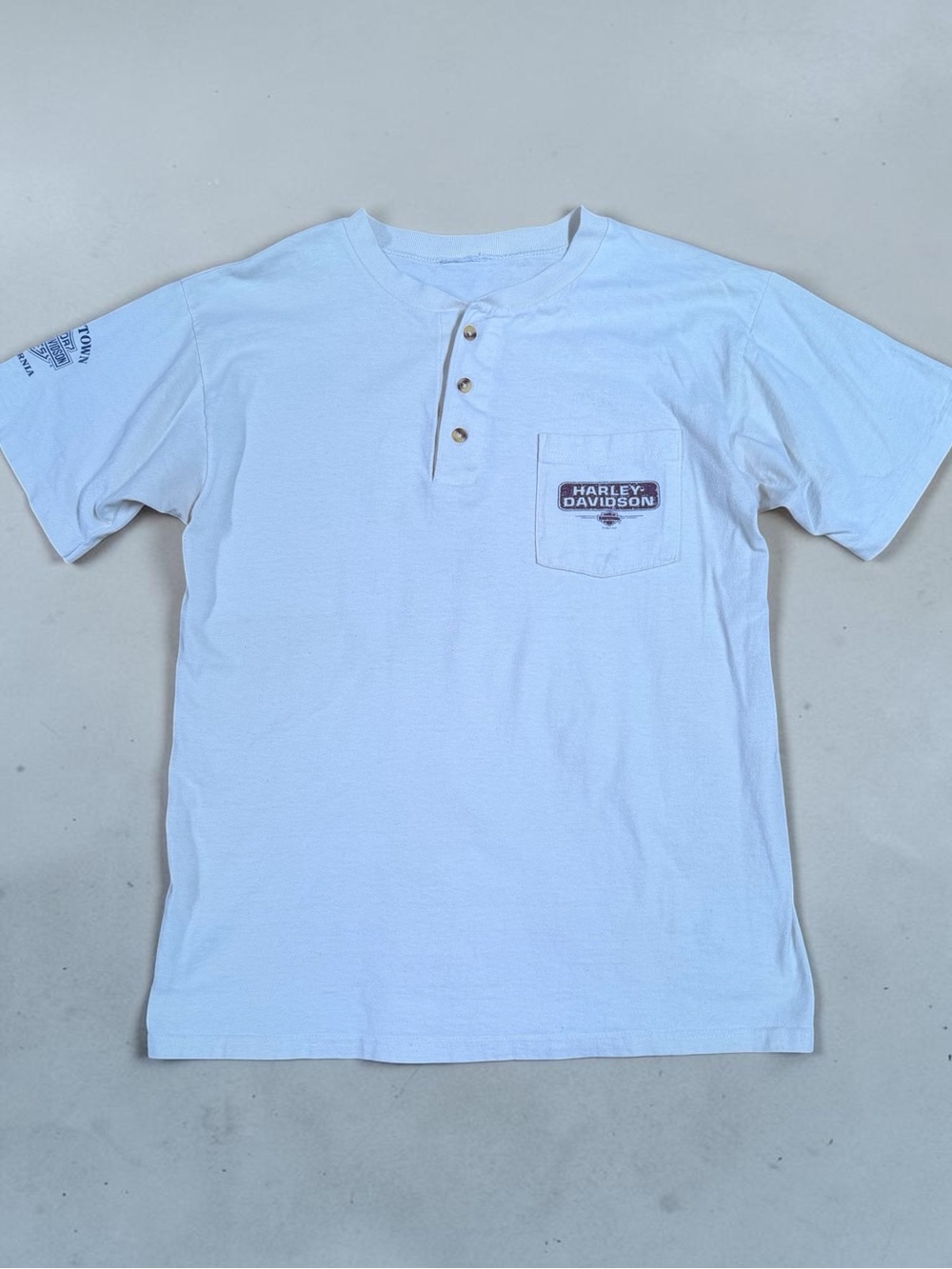 Harley Davidson Shirt Vintage 90s Jamestown CA Pocket Henley Tee USA Large
